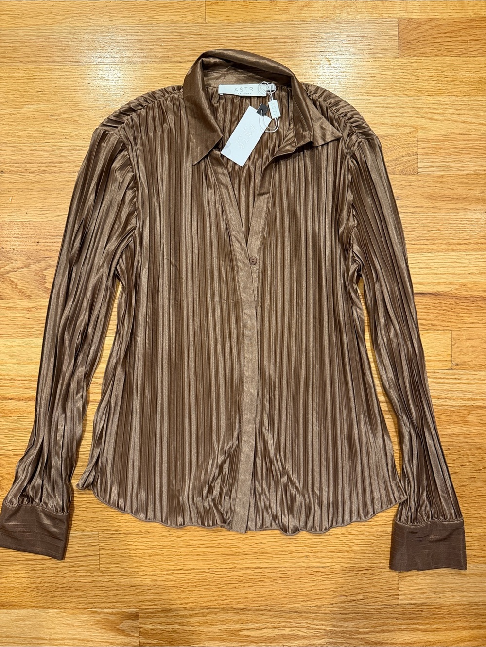 NWT Astr Brown Pleated Satin Button-Down Blouse